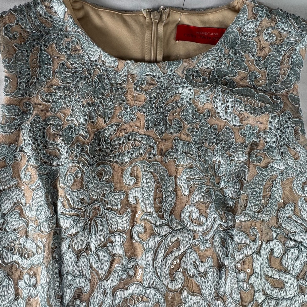 Carmen‎ Marc Valvo Infusion Silver Blue Lace Sequin Sheath Dress 8 661126 - Picture 4 of 12